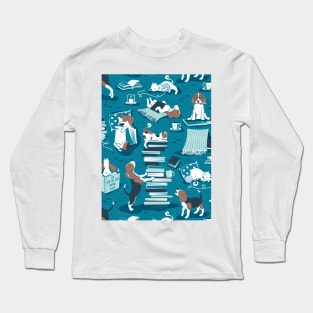 Life is better with books a hot drink and a friend // pattern // turquoise background brown white and blue beagles and cats and aqua cozy details Long Sleeve T-Shirt